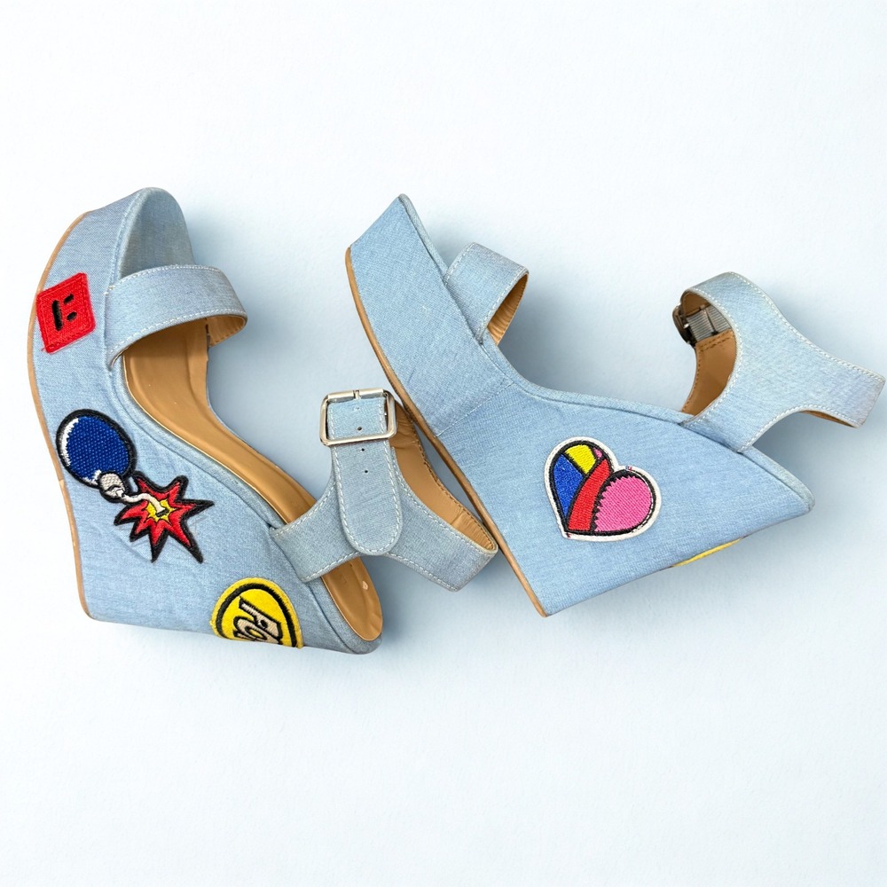 Bamboo Pop Art Womens Denim Patch Platform Wedge‎ Sandals Blue Bomb Heart Size 6 - Picture 2 of 6